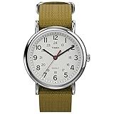 Timex Relógio Unissex Weekender 38 Mm Caixa Prateada Mostrador Branco Com Tira Deslizante Em Tecido Verde Oliva Oliva Branco