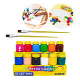 Tinta Guache 12 Cores Acrilex Potinho 2 Pincel Crianças