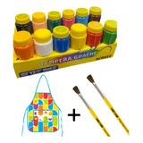 Tinta Guache Escolar Acrilex 12 Cores 2 Pincel 1 Avental Kit