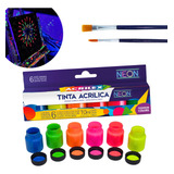 Tinta Neon Fluorescente Acrílica 6 Cores Pintura 2 Pincéis