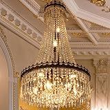 TOCHIC Lustres De Cristal Do Império Francês Lustre Rústico De Fazenda Com 9 Luzes Luminária De Teto Alto Para Entrada Lustres De Bronze Antigo Para Sala De Jantar Hall De Entrada Escada 24 Wx