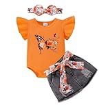 Tokiago Roupas De Verão Para Bebês Meninas Lindo Macacão Estampado Borboleta + Saia Jeans + Faixa De Cabeça Conjunto De Shorts 3 Peças 0-18 Meses, Laranja, 12-18 Meses