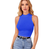 Top Cropped Feminina Gola Alta Malha Canelada Moda Gringa 