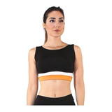 Top Cropped Fitness Preto Faixa Amarelo