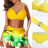 Top De Biquíni Com Aro Retrô Calça Quente Cintura Alta Bi