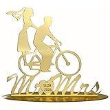 Topo De Bolo Acrílico Espelhado Dourado Casal E Bicicleta Com Data Personalizada