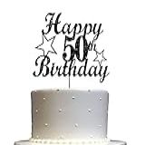 Topo De Bolo Com Glitter Preto De 50 Anos- Ideias De Decoração De Festa De 50 Anos- Qualidade Premium- Glitter De Dupla Face Resistente- Bastão De Acrílico- Feito Nos EUA