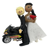 Topo De Bolo Em Biscuit-casamento-noivinhos Na Moto.mod005