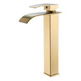 Torneira De Banheiro Domma Monocomando Cascata Pia Cuba Lavabo Alta Acabamento Brilhante Cor Dourada