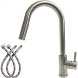 Torneira De Cozinha Escovado Monocomando Misturador Pia Gourmet Bica Alta Quente Frio Bico Arejador Extensivel Flexível Bancada Ilha Aço Inox 304 Dona D cor