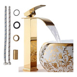 Torneira Dourada Monocomando Cascata Alta Lavabo Banheiro