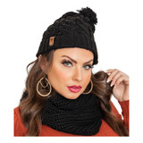 Touca De Frio Feminina Com Pompom Cachecol Tipo Gola Preto