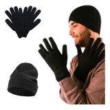 Touca De Lã Preta Luva De Lã Preta Conjunto Inverno Adulto