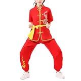 Traje De Kung Fu Chinês Bordado Dragão Manga Curta Uniforme Tai Chi Arte Marcial Wu Shu Roupa De Desempenho  24316  Manga Curta Vermelho  140