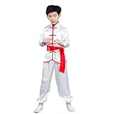 Traje Infantil De Kung Fu Uniforme Chinês De Tai Chi Tradicional Roupa De Dança De Leão Wing Chun Wushu Roupa De Desempenho 12 Branco Manga Comprida Altura 140 Cm 