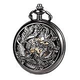 TREEWETO Relógio Masculino Com Bolso Mecânico Antigo Dragão Da Sorte E Phoenix Com Mostrador Retrô De Esqueleto Com Corrente Preto