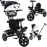 Triciclo Carrinho De Passeio 2 Em 1 Infantil Assento Giratório 360- Com Capota Solar Porta Objetos Cinto De Segurança Até 50kg Haste Empurrador Cestos E Rodas De EVA INMETRO -Preto-