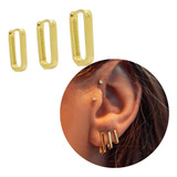 Trio Argola Ouro 18k Retangular Banhado Antialérgico 3 Furos