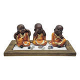 Trio Buda Cego Surdo Mudo Bandeja Base Madeira Jardim Zen