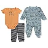 Trio Carter S Macacão Com Pezinho Body E Calça Montrinhos Laranja E Azul Bebê Menino Conjunto Algodão 3M 