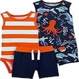 Trio Carter S Romper Body Regata E Shorts Polvo Azul E Laranja Bebê Menino 12M 