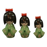 Trio De Boneca Japonesa Kokeshi Madeira Detalhes Florais Cor