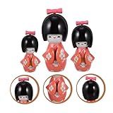 Trio De Boneca Japonesa Kokeshi Madeira Rosa Com Laço Rosa