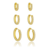 Trio De Brincos Argolas Finas Cravejadas Banho Ouro 18k