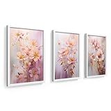 Trio De Quadros 18x24 Cm- Moldura Em Madeira E Vidro- Flores Rosa E Douradas- Turquesa- Lindo- Luxo -molduras Brancas-