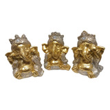 Trio Ganesha Estatueta Hindu Felizes Sorrindo Dourado Brilho