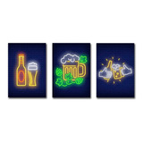 Trio Placas Quadros Bar Cerveja Efeito Visual Neon 40 X 50