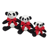 Trio Urso Panda Pelúcia Laço Vermelho Decor. Quarto Nichos