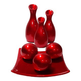 Trio Vasos Cerâmica Centro Mesa Bolas Enfeite Rack Vermelho