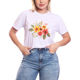 Tshirt Blusa Feminina Ramo De Flores Estampada Camisa Branco