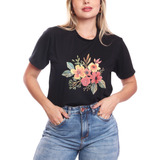 Tshirt Blusa Feminina Ramo De Flores Estampada Preto