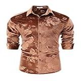 TURETRENDY Camisas Masculinas De Veludo Com Estampa Floral E Rosa Manga Comprida Com Botão Para Festa De Casamento Marrom GG