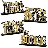 Turypaty 4 Peças Decorações De Aniversário De 90 Anos De Madeira Vintage 1935 Suprimentos De Festa De Mesa Placa De Centro De Mesa De Torcida De Ouro Preto Para 90 Anos Feliz Aniversário De 90 Anos