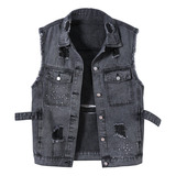 U Max Colete Longo Jeans Destroyed Feminino Barra Desfiada