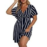 UIFLQXX Vestidos De Verão Femininos 2023 Plus Size Listrado Estampado Gola V Manga Curta Vestido Evasê Azul Marinho 3G