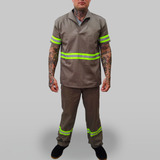 Uniforme Faixa Refletiva Jaleco Manga Curta Calça Brim Cinza
