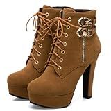 UOQAPRE Botas Femininas De Salto Alto Plataforma Plataforma Salto Alto Grosso Para Mulheres Com Cadarço Até O Tornozelo Sapatos De Inverno Marrom 38