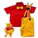 Ursinho Pooh Kit Roupa Conjunto Infantil Menino 4 Peças Camisa Gravata Bermuda E Suspensório Aniversário Mesversário  6 A 11 Meses 