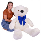 Urso De Pelúcia Gigante Teddy 110cm Grande Laço Azul Cor Baunilha Laço Azul