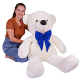 Urso De Pelúcia Gigante Teddy 110cm Grande   Laço Azul Cor Baunilha Laço Azul