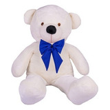 Urso De Pelúcia Gigante Teddy 110cm Grande Laço Azul Cor Baunilha Laço Azul