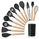 Utensílios Cozinha 12 Peças Kit Silicone Cabo De Madeira Antiaderente Colher Copo Suporte Preto