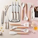 Utensilios Para Cozinha Silicone Kit Com 19 Peças Cabo Madeira Conjunto Completo Espátula Concha Colher Jogo Suporte Faca Antiaderente Tabua Tesoura Faqueiro Branco 