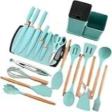 Utensilios Para Cozinha Silicone Kit Com 19 Peças Cabo Madeira Conjunto Completo Espátula Concha Colher Jogo Suporte Faca Antiaderente Tabua Tesoura Faqueiro VERDE 