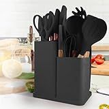 Utensilios Para Cozinha Silicone Kit Com 19 Peças Cabo Madeira Conjunto Completo Espátula Concha Colher Jogo Suporte Faca Faqueiro Antiaderente Tabua Tesoura PRETO 