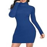 V28 Vestido Feminino De Malha Elástica De Manga Comprida Slim Com Nervuras, Azul, Xxg